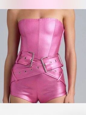 Oh Polly Bratz Corset Belted Playsuit Hot Pink Metallic Denim US Size 4
